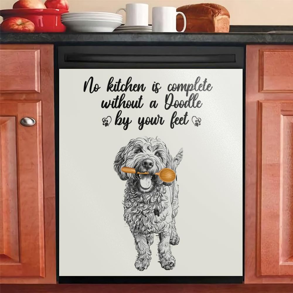 No Kitchen Is Complete Without A Doodle By Your Feet Magnetic Dishwasher Cover – Decorative Reusable Decal for Washer, Fridge, and Cabinet Doors, Washing Machine Panel Cover for Kitchen (23x26 in )