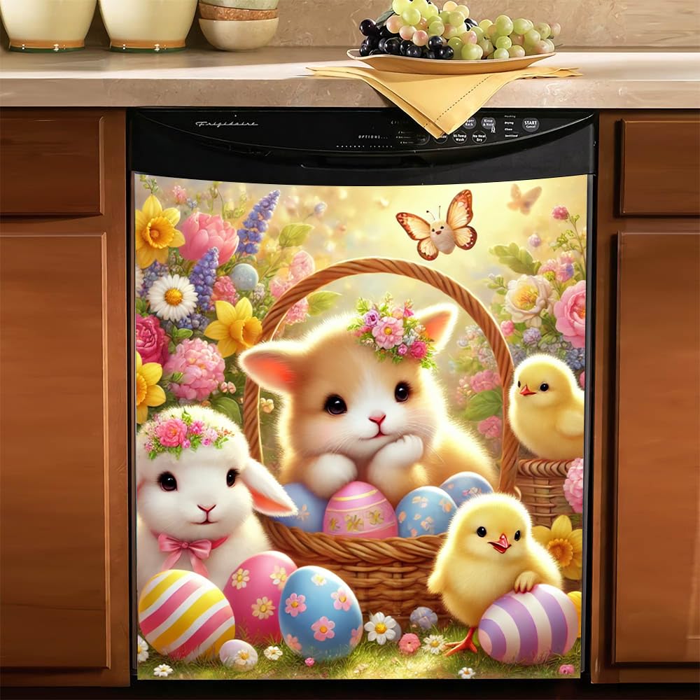 Adorable and festive Easter Magnetic Dishwasher Cover – Decorative Reusable Decal for Washer, Fridge, and Cabinet Doors, Stylish Washing Machine Panel Cover for Kitchen Appliances (23x26 in )