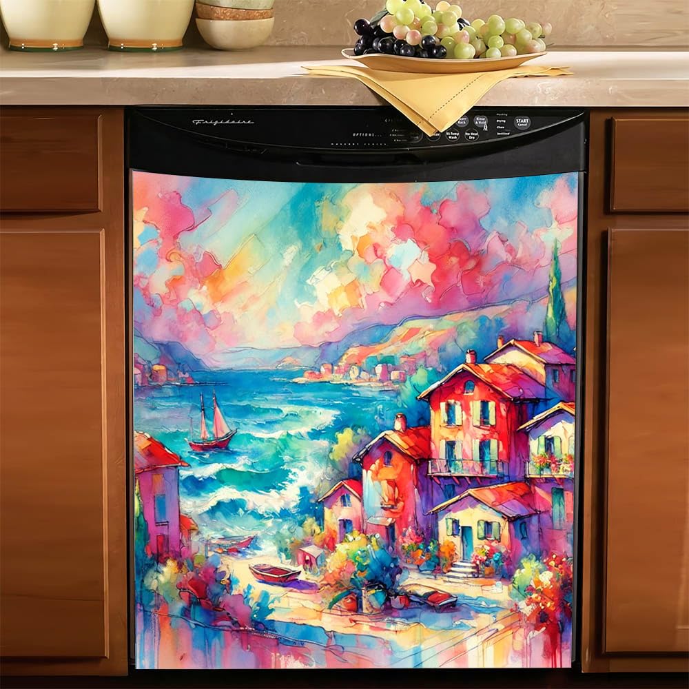 Vibrant Seaside Village Magnetic Dishwasher Cover – Decorative Reusable Decal for Washer, Fridge, and Cabinet Doors, Stylish Washing Machine Panel Cover for Kitchen Appliances (23x26 in )