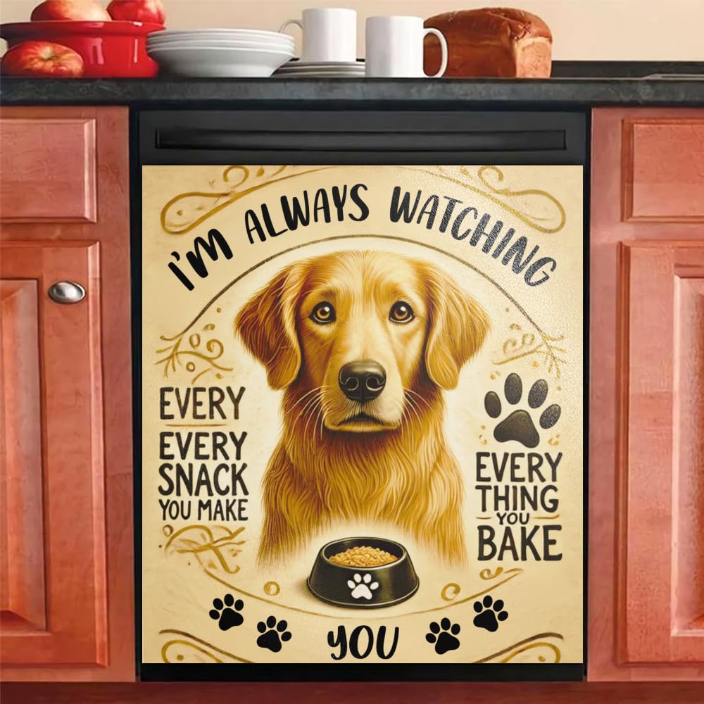 Cute Heartwarming Dog Theme Magnetic Dishwasher Cover – Decorative Reusable Decal for Washer, Fridge, and Cabinet Doors, Stylish Washing Machine Panel Cover for Kitchen Appliances (23x26 in )