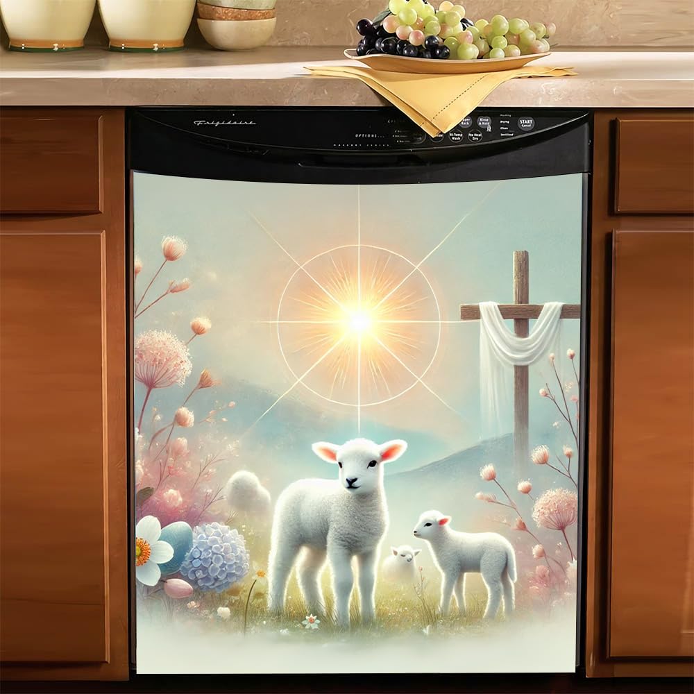 Easter White Lambs Soft Pastel Tones Magnetic Dishwasher Cover – Decorative Reusable Decal for Washer, Fridge, and Cabinet Doors, Stylish Washing Machine Panel Cover for Kitchen Appliances (23x26 in )