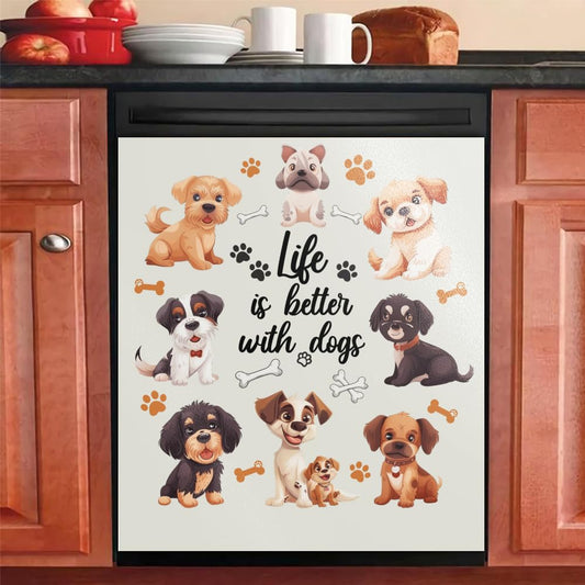 Life Is Better With Dogs Magnetic Dishwasher Cover – Decorative Reusable Decal for Washer, Fridge, and Cabinet Doors, Stylish Washing Machine Panel Cover for Kitchen Appliances (23x26 in )