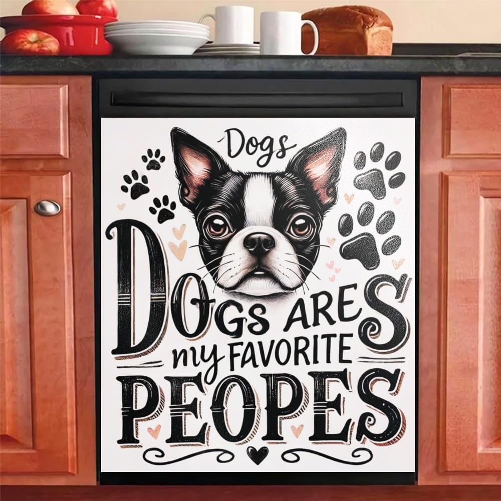 Funny Heartwarming Dog Theme Magnetic Dishwasher Cover – Decorative Reusable Decal for Washer, Fridge, and Cabinet Doors, Stylish Washing Machine Panel Cover for Kitchen Appliances (23x26 in )