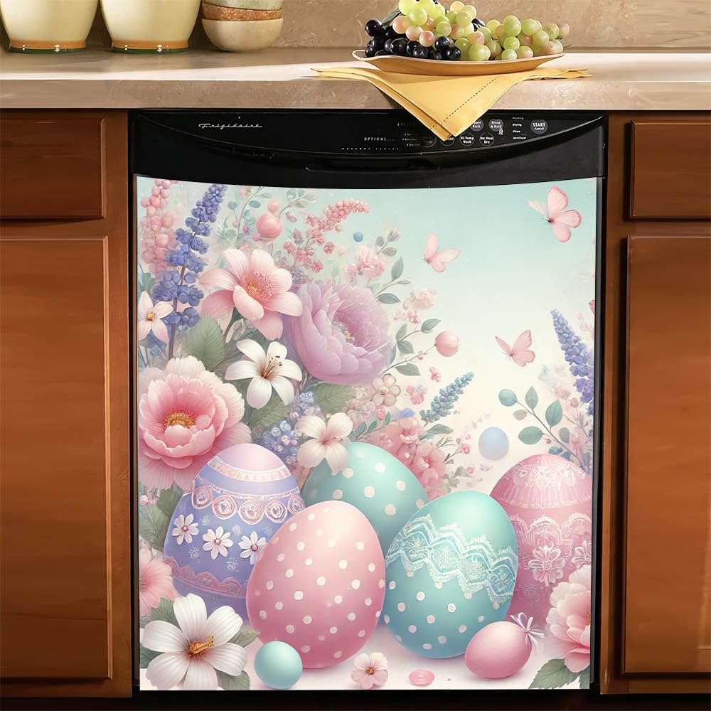 Soft pastel-themed Easter Floral Magnetic Dishwasher Cover – Decorative Reusable Decal for Washer, Fridge, and Cabinet Doors, Stylish Washing Machine Panel Cover for Kitchen Appliances (23x26 in )