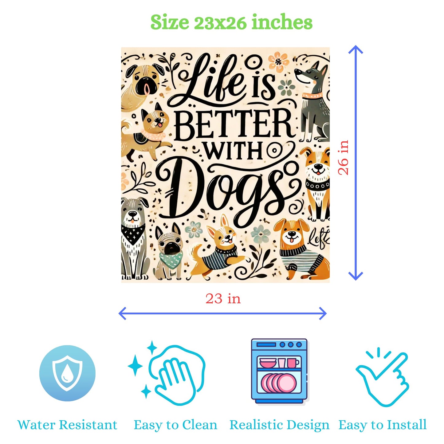 Life Is Better With Dog  Magnetic Dishwasher Cover – Decorative Reusable Decal for Washer, Fridge, and Cabinet Doors, Stylish Washing Machine Panel Cover for Kitchen Appliances (23x26 in )