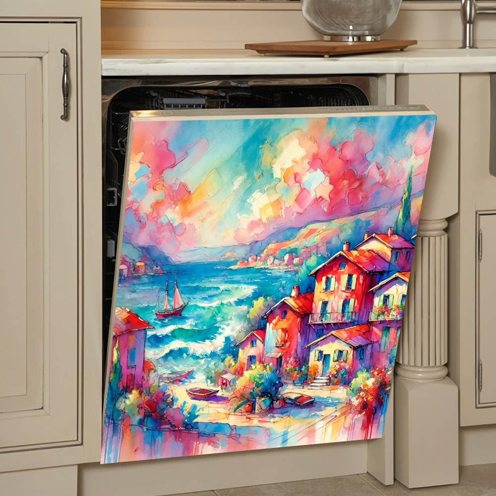 Vibrant Seaside Village Magnetic Dishwasher Cover – Decorative Reusable Decal for Washer, Fridge, and Cabinet Doors, Stylish Washing Machine Panel Cover for Kitchen Appliances (23x26 in )