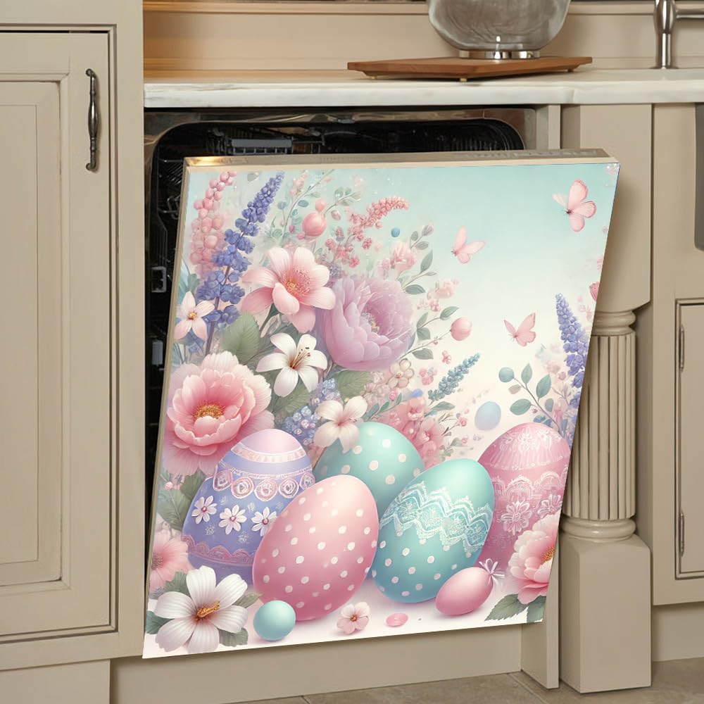 Soft pastel-themed Easter Floral Magnetic Dishwasher Cover – Decorative Reusable Decal for Washer, Fridge, and Cabinet Doors, Stylish Washing Machine Panel Cover for Kitchen Appliances (23x26 in )