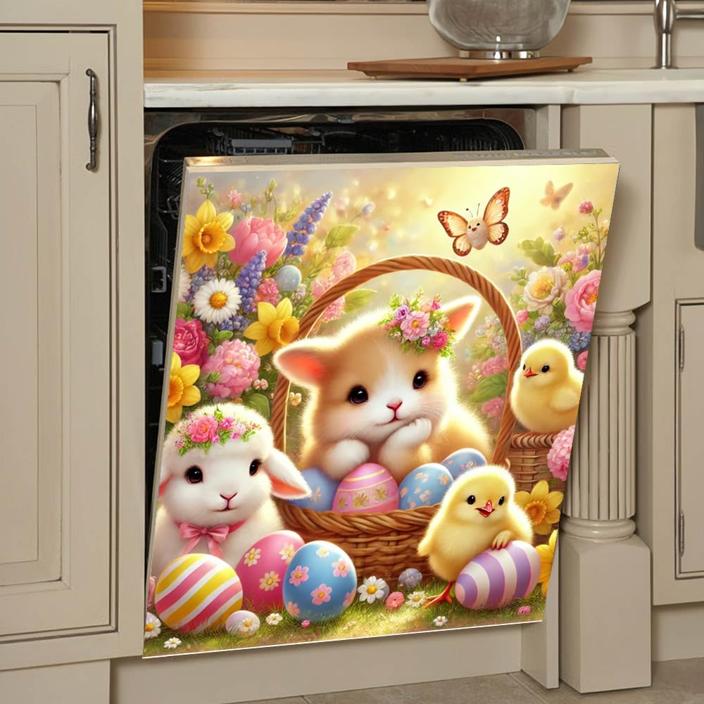 Adorable and festive Easter Magnetic Dishwasher Cover – Decorative Reusable Decal for Washer, Fridge, and Cabinet Doors, Stylish Washing Machine Panel Cover for Kitchen Appliances (23x26 in )