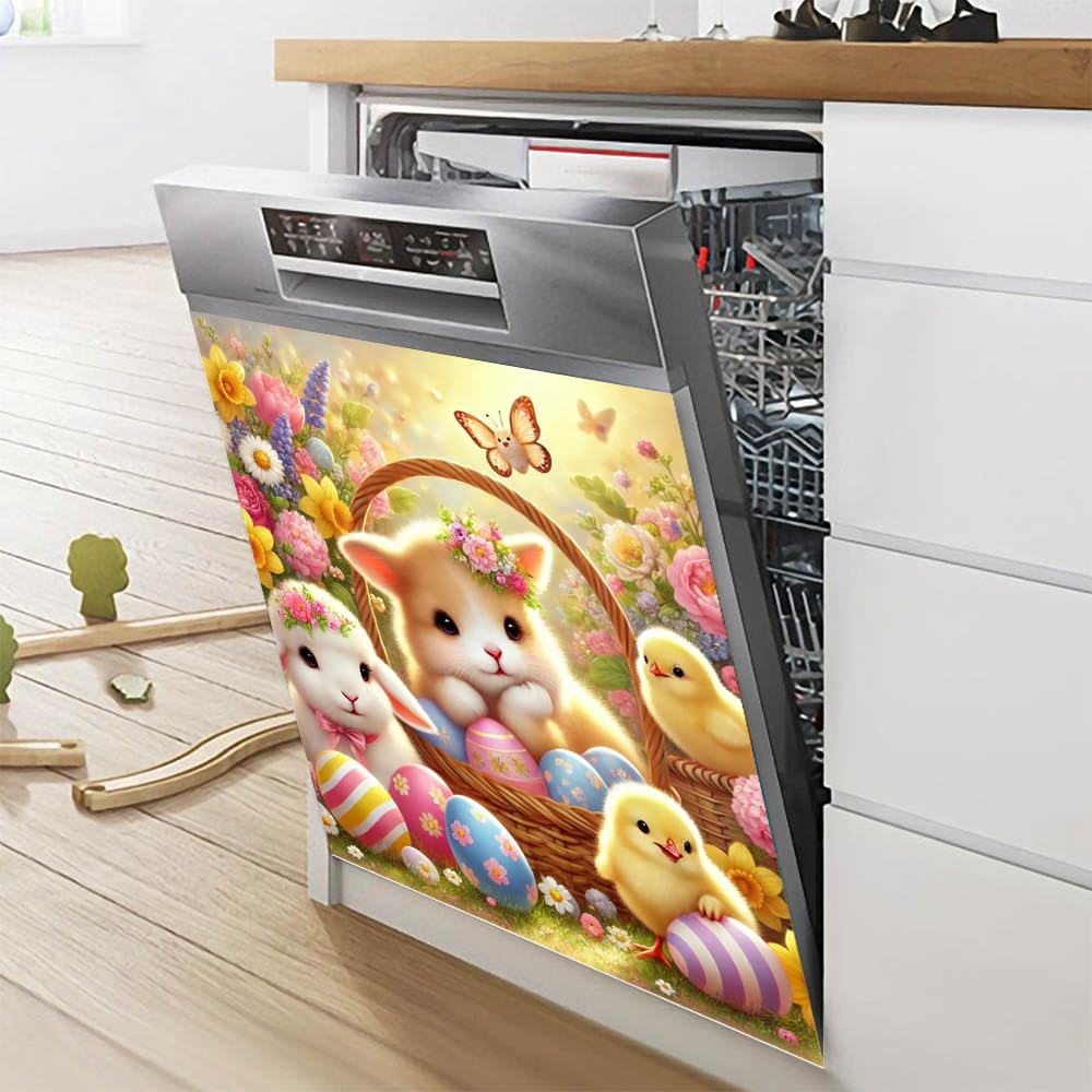 Adorable and festive Easter Magnetic Dishwasher Cover – Decorative Reusable Decal for Washer, Fridge, and Cabinet Doors, Stylish Washing Machine Panel Cover for Kitchen Appliances (23x26 in )