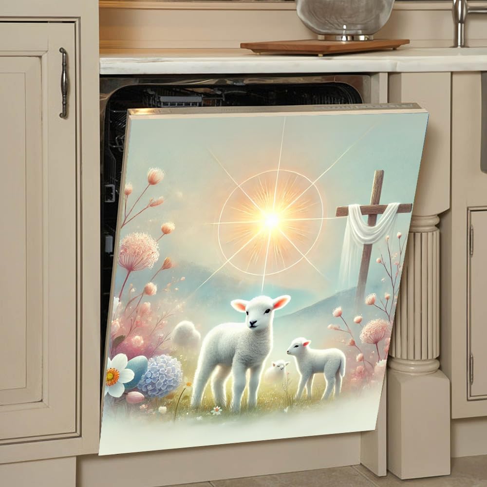 Easter White Lambs Soft Pastel Tones Magnetic Dishwasher Cover – Decorative Reusable Decal for Washer, Fridge, and Cabinet Doors, Stylish Washing Machine Panel Cover for Kitchen Appliances (23x26 in )