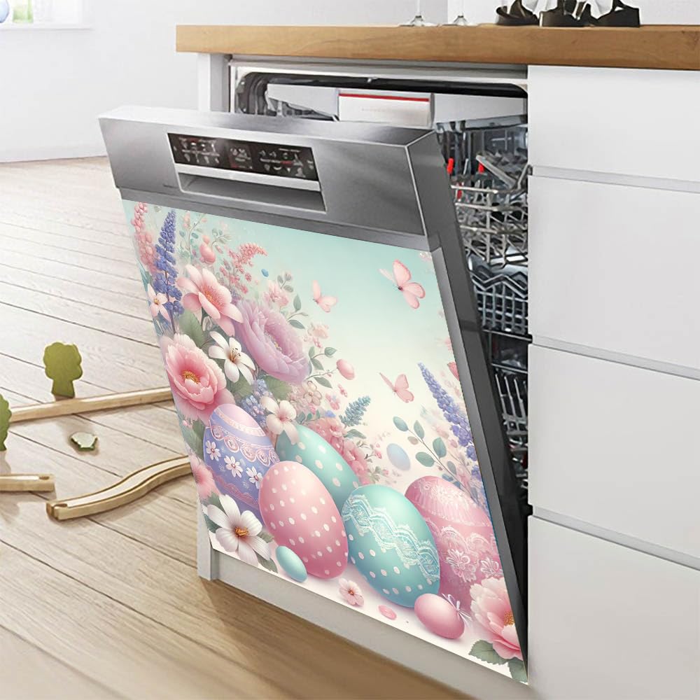 Soft pastel-themed Easter Floral Magnetic Dishwasher Cover – Decorative Reusable Decal for Washer, Fridge, and Cabinet Doors, Stylish Washing Machine Panel Cover for Kitchen Appliances (23x26 in )