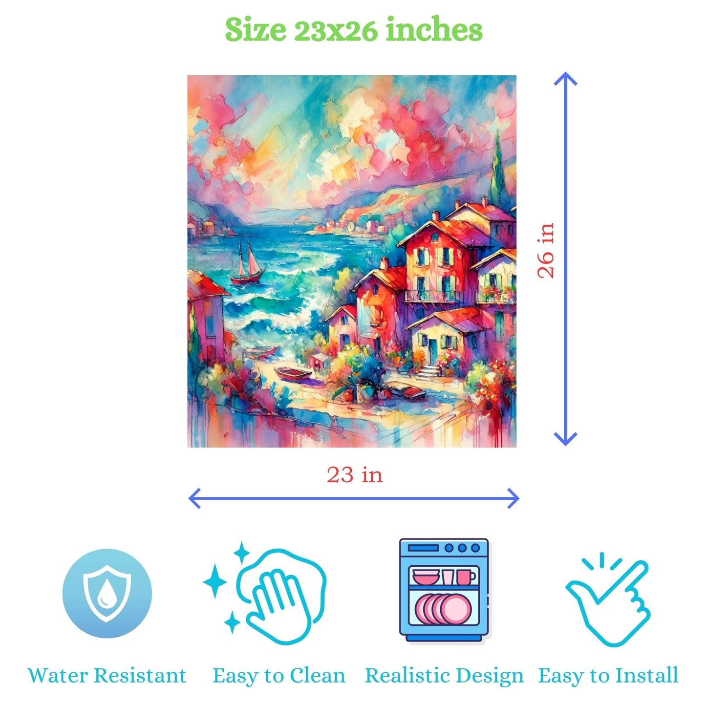 Vibrant Seaside Village Magnetic Dishwasher Cover – Decorative Reusable Decal for Washer, Fridge, and Cabinet Doors, Stylish Washing Machine Panel Cover for Kitchen Appliances (23x26 in )