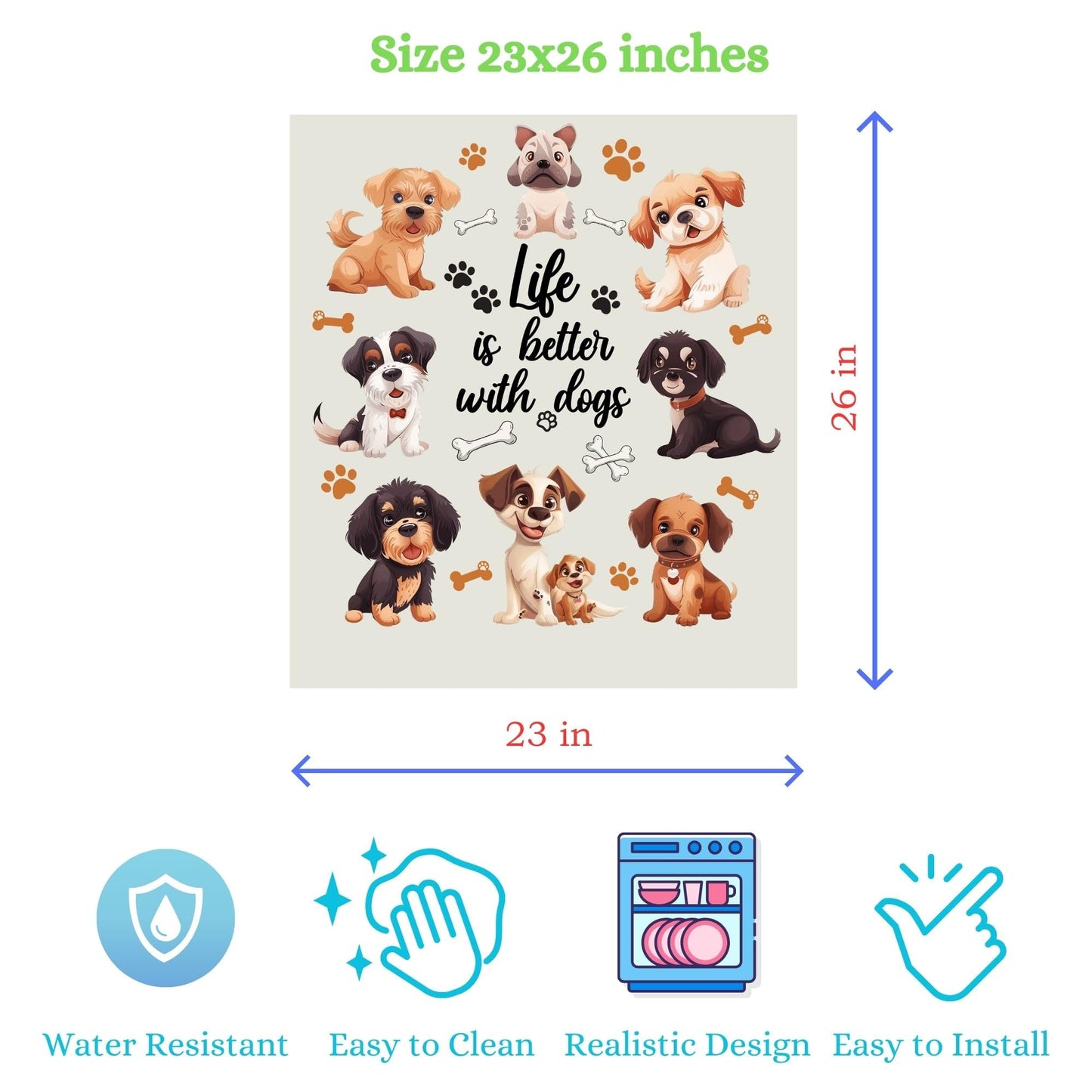 Life Is Better With Dogs Magnetic Dishwasher Cover – Decorative Reusable Decal for Washer, Fridge, and Cabinet Doors, Stylish Washing Machine Panel Cover for Kitchen Appliances (23x26 in )