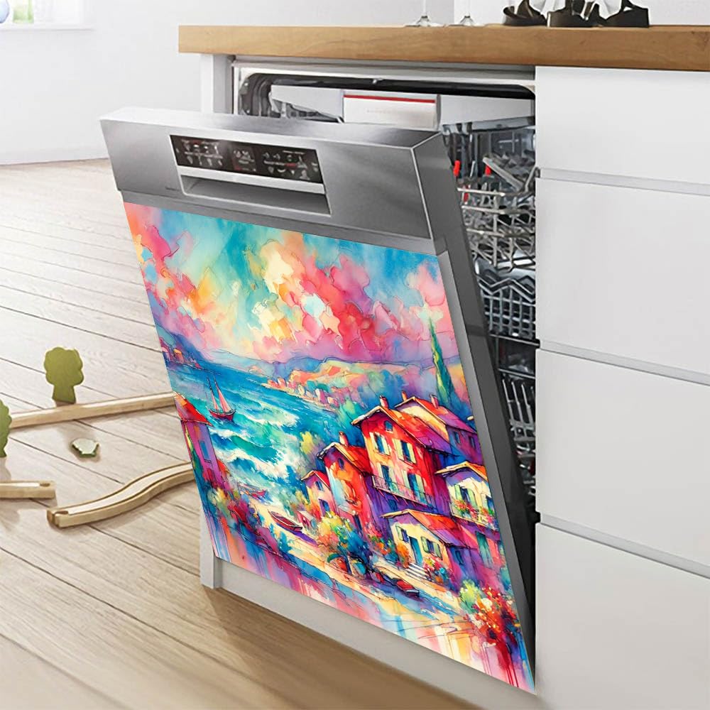 Vibrant Seaside Village Magnetic Dishwasher Cover – Decorative Reusable Decal for Washer, Fridge, and Cabinet Doors, Stylish Washing Machine Panel Cover for Kitchen Appliances (23x26 in )