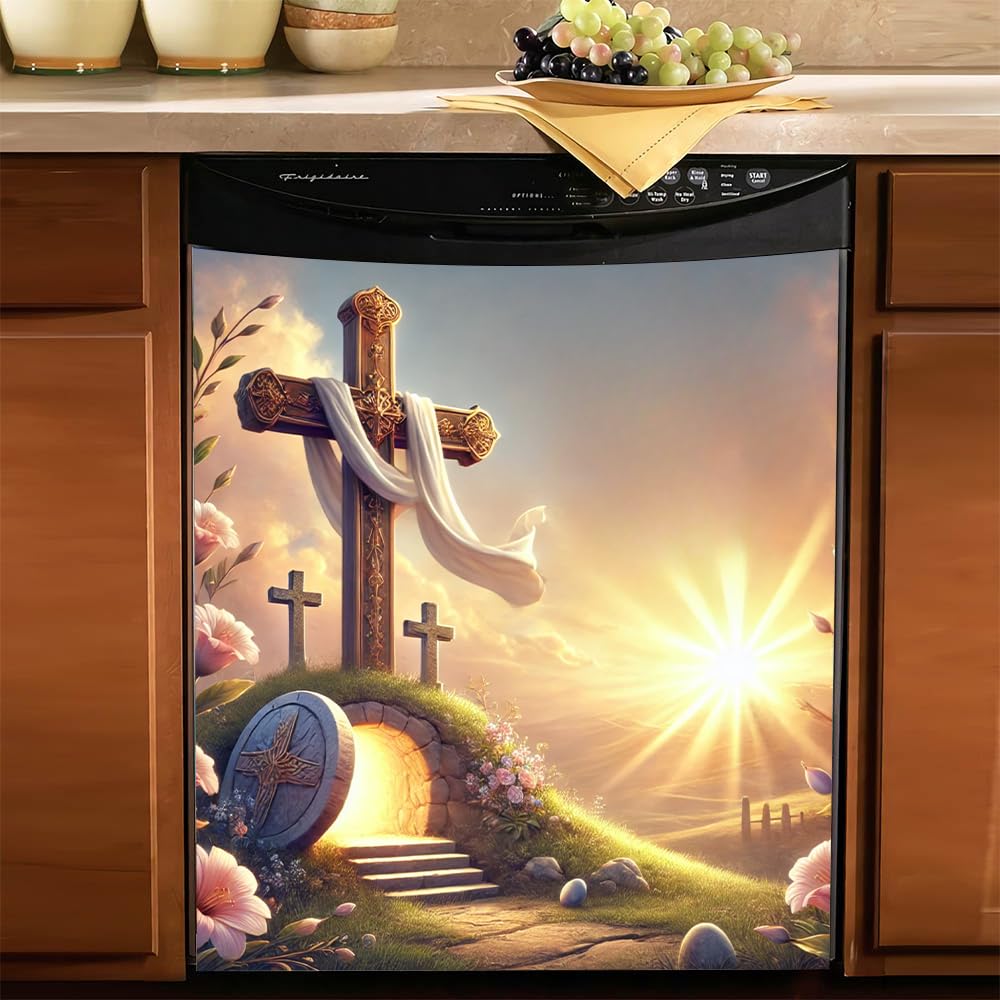 Easter Empty Tomb Radiant Sunrise Magnetic Dishwasher Cover – Decorative Reusable Decal for Washer, Fridge, and Cabinet Doors, Stylish Washing Machine Panel Cover for Kitchen Appliances (23x26 in )