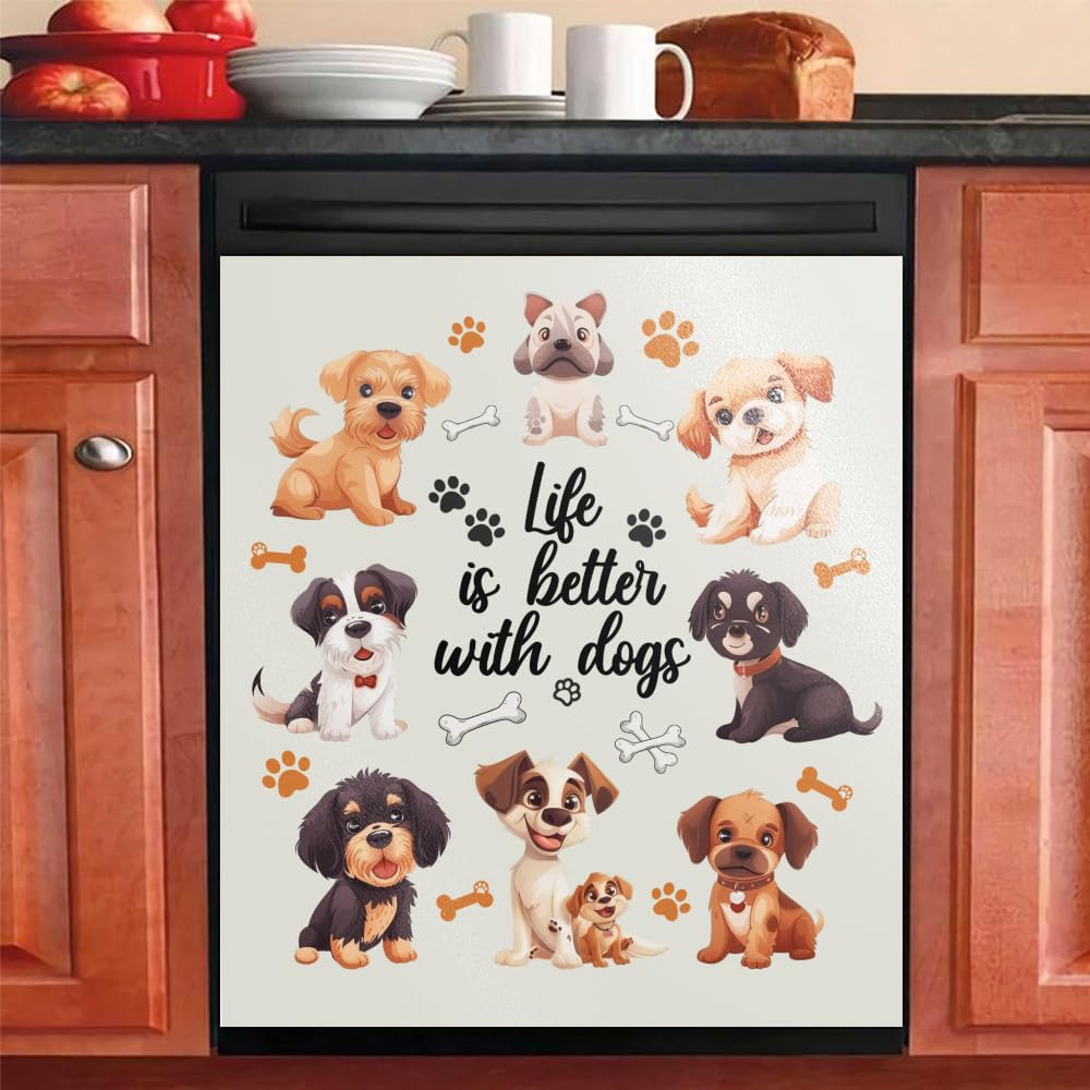 Life Is Better With Dogs Magnetic Dishwasher Cover – Decorative Reusable Decal for Washer, Fridge, and Cabinet Doors, Stylish Washing Machine Panel Cover for Kitchen Appliances (23x26 in )