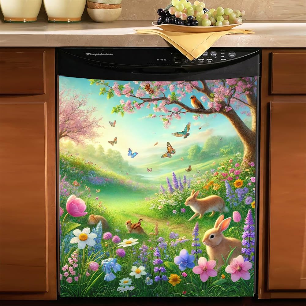 Fresh Spring Awakening Atmosphere Magnetic Dishwasher Cover – Decorative Reusable Decal for Washer, Fridge, and Cabinet Doors (23x26 in)