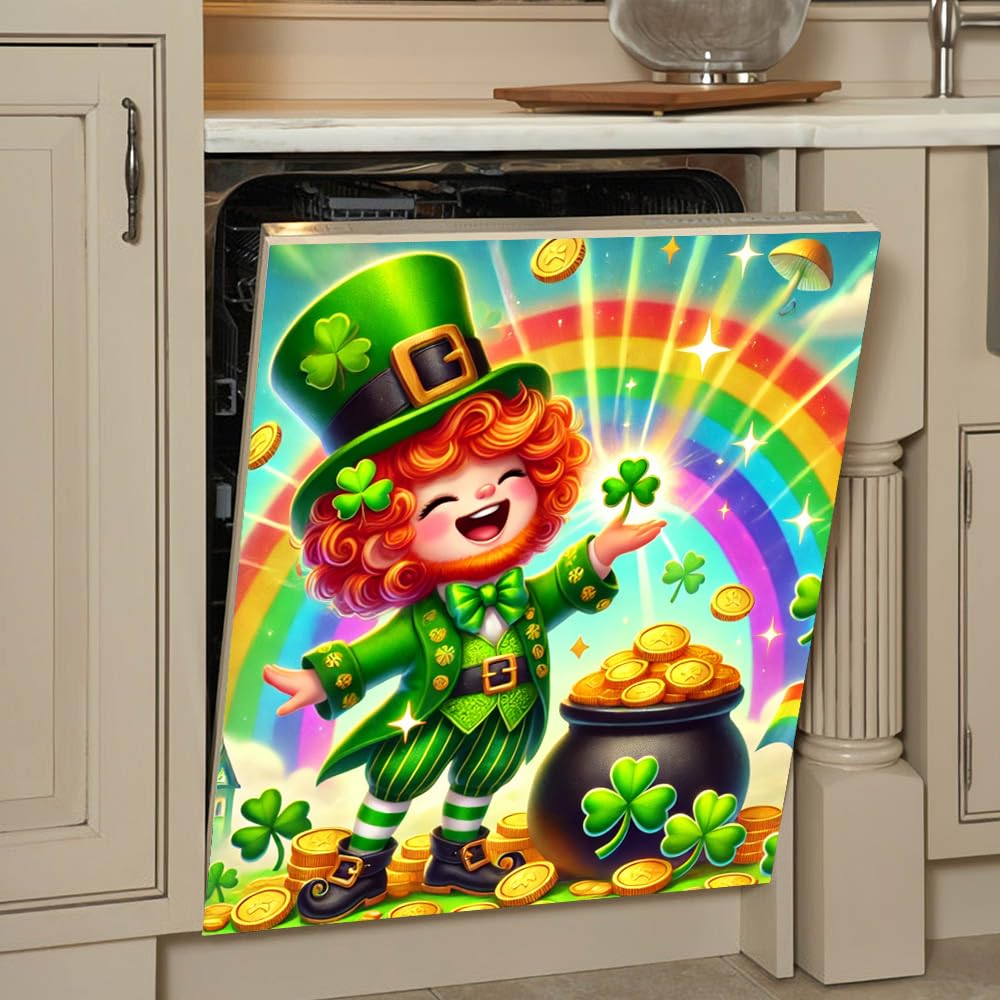 St. Patrick’s Day Leprechaun Magnetic Dishwasher Cover – Decorative Reusable Decal for Washer, Fridge, and Cabinet Doors, Stylish Washing Machine Panel Cover for Kitchen Appliances (23x26 in )