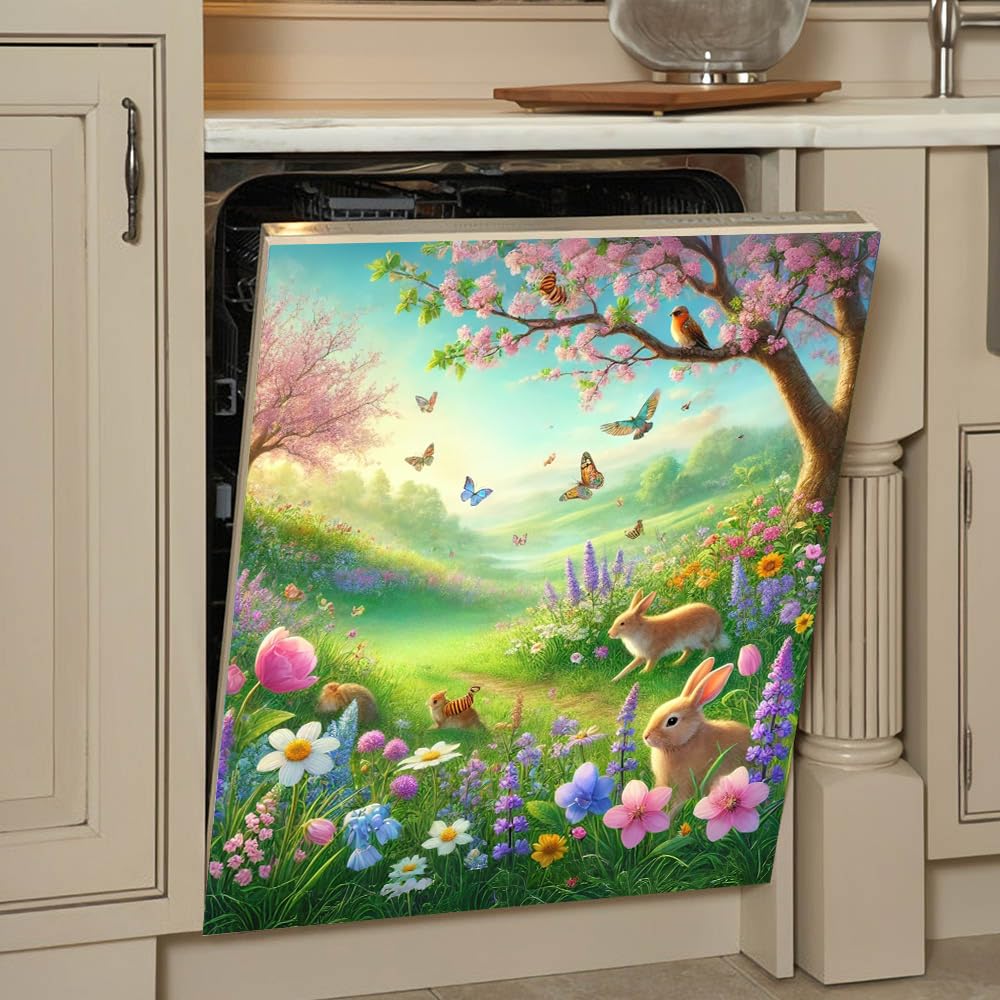 Fresh Spring Awakening Atmosphere Magnetic Dishwasher Cover – Decorative Reusable Decal for Washer, Fridge, and Cabinet Doors (23x26 in)