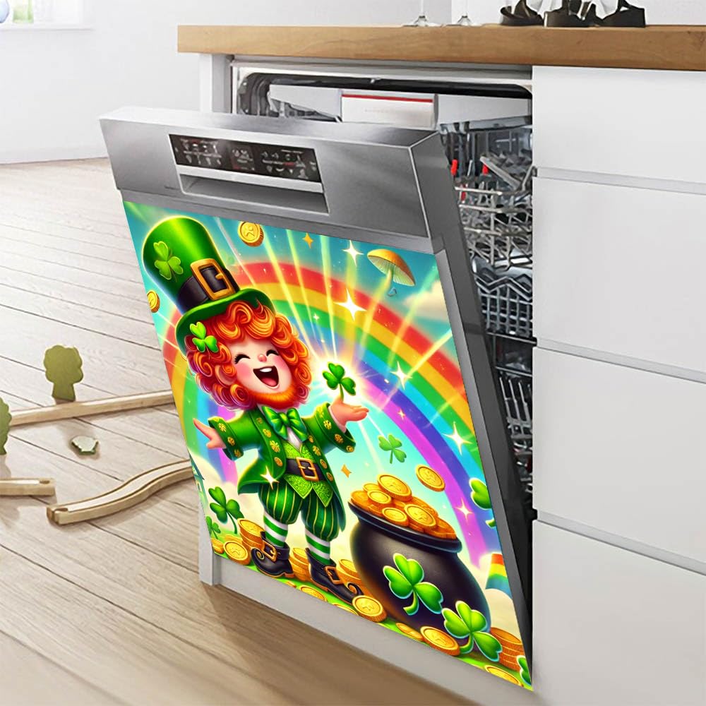 St. Patrick’s Day Leprechaun Magnetic Dishwasher Cover – Decorative Reusable Decal for Washer, Fridge, and Cabinet Doors, Stylish Washing Machine Panel Cover for Kitchen Appliances (23x26 in )