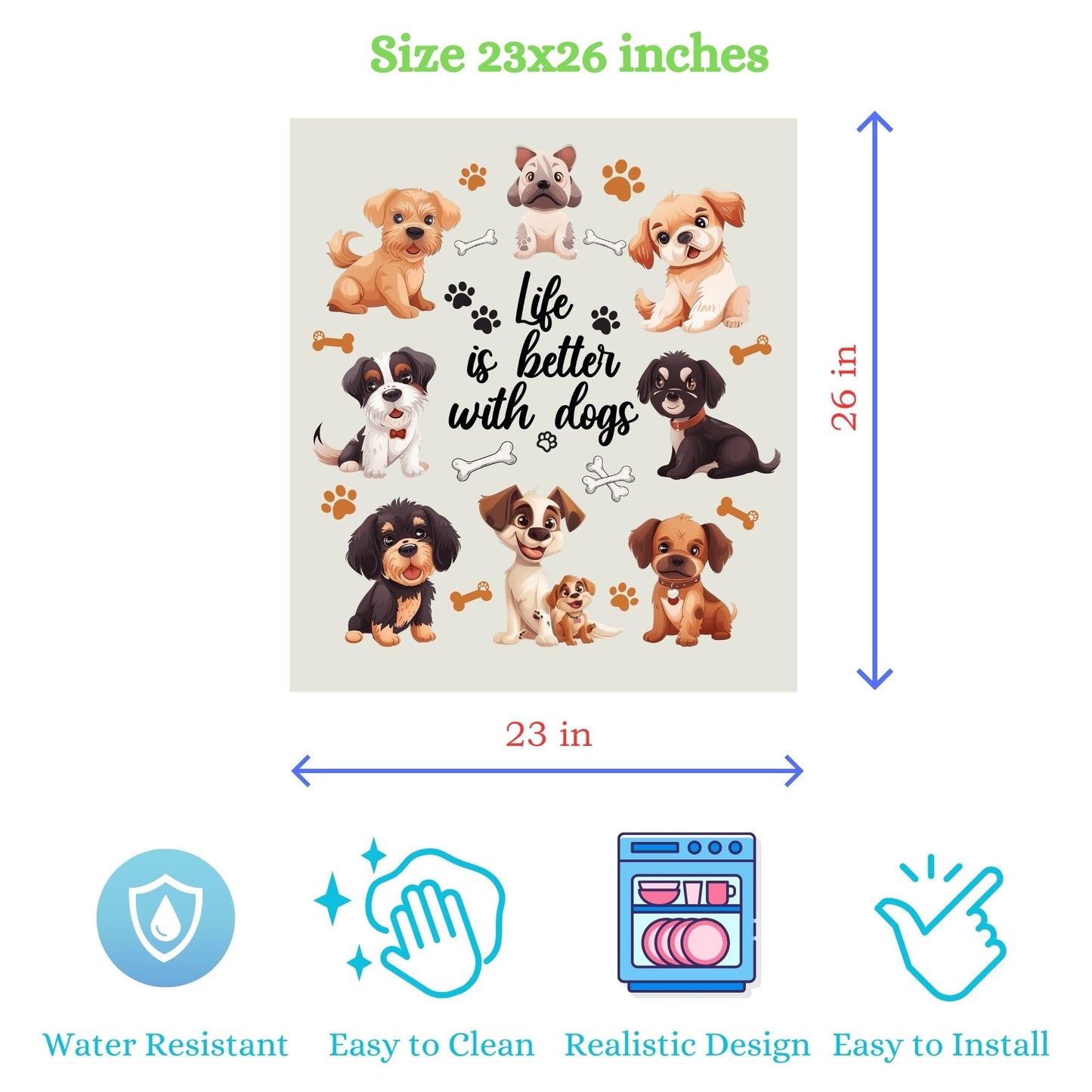 Life Is Better With Dogs Magnetic Dishwasher Cover – Decorative Reusable Decal for Washer, Fridge, and Cabinet Doors, Stylish Washing Machine Panel Cover for Kitchen Appliances (23x26 in )