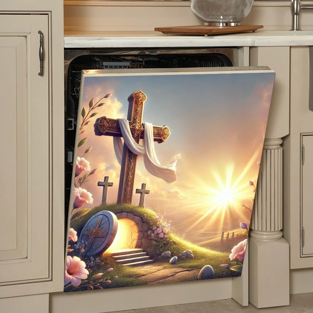 Easter Empty Tomb Radiant Sunrise Magnetic Dishwasher Cover – Decorative Reusable Decal for Washer, Fridge, and Cabinet Doors, Stylish Washing Machine Panel Cover for Kitchen Appliances (23x26 in )